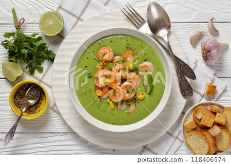 Shrimps in Culichi Salsa or Poblano sauce in bowl Shrimps in Culichi Salsa or Poblano sauce in bowl 118406574