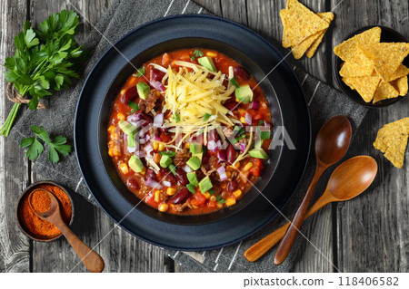 taco soup with kidney bean, corn, ground beef 118406582