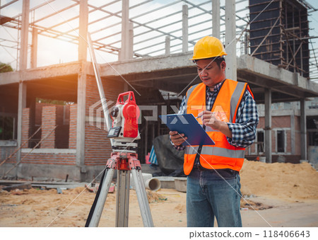 Team engineers checking and planning project working outdoors building side on a worksite, Engineering and architecture concept, Engineers having meeting regarding new construction phase. Team engineers checking and planning project working outdoors building side on a worksite, Engineering and architecture concept, Engineers having meeting regarding new construction phase. 118406643