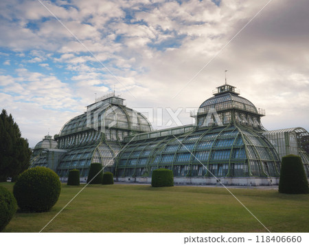 Travel to Vienna, Austria. a beautiful old greenhouse, an orangery in the park of the Schonbrunn Palace, founded in 1882, Travel to Vienna, Austria. a beautiful old greenhouse, an orangery in the park of the Schonbrunn Palace, founded in 1882, 118406660