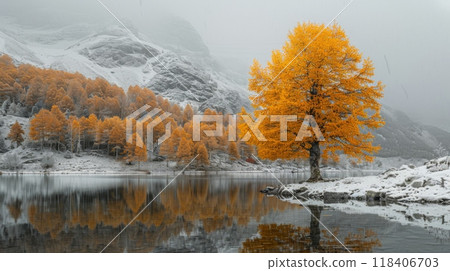 Autumn or fall season. yellow autumn tree in the gray lake in cold mountains with snow Autumn or fall season. yellow autumn tree in the gray lake in cold mountains with snow 118406703