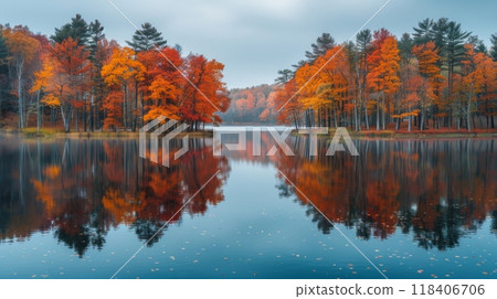 Autumn or fall season. The Tranquility of Autumnal Reflections . A still lake reflecting the vibrant hues of autumn foliage, its surface creating a mirror image of the surrounding beauty. 118406706