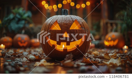 Halloween, the spookiest day of the year. Pumpkin Jack lantern with for family holiday at home 118406781