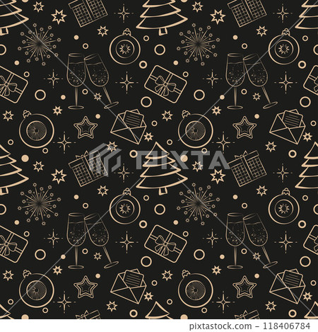 seamless pattern of gold-colored Christmas symbols on a black background 118406784