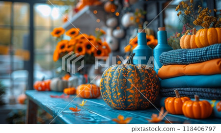 Halloween, the spookiest day of the year. A sewing room filled with colorful fabrics, patterns, and sewing tools, as a seamstress meticulously creates a unique Halloween costume. 118406797