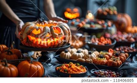 Halloween, spookiest day of year. scene of Halloween party table laden with assortment of sweet and savory treats, their colorful decorations and spooky designs adding to the festive atmosphere. 118406805