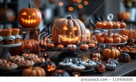 Halloween, spookiest day of year. scene of Halloween party table laden with an assortment of sweet and savory treats, colorful decorations and spooky designs adding to the festive atmosphere. 118406806