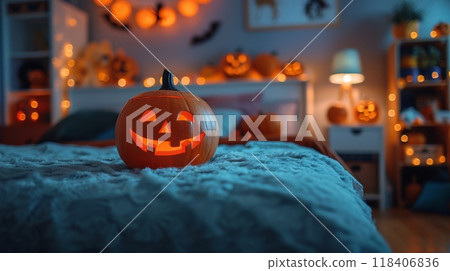 Halloween, the spookiest day of the year. A child's bedroom filled with Halloween decorations and a costume laid out on the bed, their anticipation for the holiday palpable 118406836