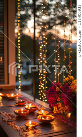 Indian home decorated for Diwali, with glowing diyas, string lights, and garlands. Vertical banner 118406932