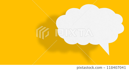 Empty white cloud paper speech bubble shape against yellow background. Empty white cloud paper speech bubble shape against yellow background. 118407041