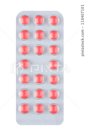 Red tablets in blister isolated on white background. Stock photo. Red tablets in blister isolated on white background. Stock photo. 118407101