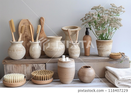 A wooden shelf with a variety of eco friendly bathroom products 118407229