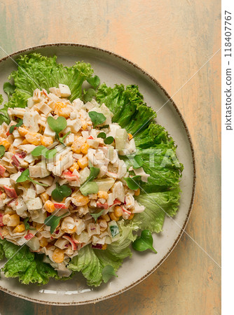 Canned corn salad, with crab sticks, top view, no people, Canned corn salad, with crab sticks, top view, no people, 118407767