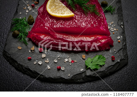 Salmon gravlax with beetroot, Scandinavian snack, beet gravlax, lightly salted fish, homemade, no people, Salmon gravlax with beetroot, Scandinavian snack, beet gravlax, lightly salted fish, homemade, no people, 118407777