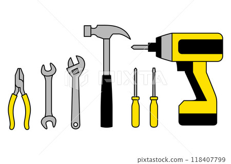 Tool set (pliers, spanner, adjustable wrench, hammer, screwdriver, impact driver) 118407799
