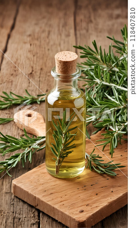 Rosemary oil in wooden backgrounds 118407810
