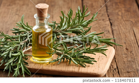Rosemary oil in wooden backgrounds 118407811