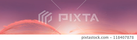 Sunset sky with bright glowing pink Cirrus clouds. Seamless spherical HDR 360 panorama. Full zenith or sky dome in 3D, sky replacement for aerial drone panoramas. Climate and weather change. Sunset sky with bright glowing pink Cirrus clouds. Seamless spherical HDR 360 panorama. Full zenith or sky dome in 3D, sky replacement for aerial drone panoramas. Climate and weather change. 118407878