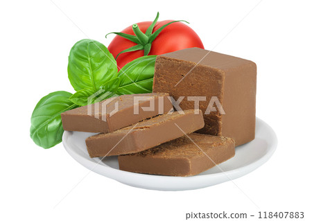 Brown cheese. Norwegian brunost in a ceramic bowl isolated on white background with full depth of field Brown cheese. Norwegian brunost in a ceramic bowl isolated on white background with full depth of field 118407883