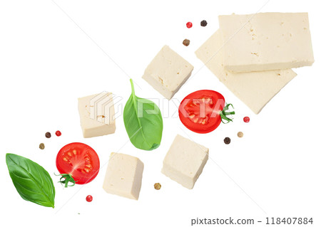 tofu cheese isolated on white background with full depth of field, Top view with copy space for your text. Flat lay tofu cheese isolated on white background with full depth of field, Top view with copy space for your text. Flat lay 118407884