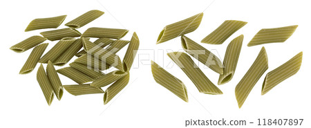Green pea penne pasta isolated on white background. Organic food speciality. Gluten free. Top view. Flat lay 118407897