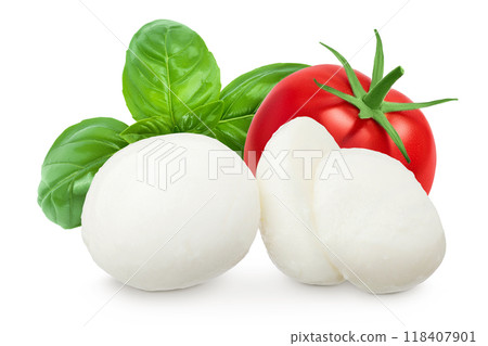 Mini mozzarella balls isolated on white background with full depth of field. Mini mozzarella balls isolated on white background with full depth of field. 118407901