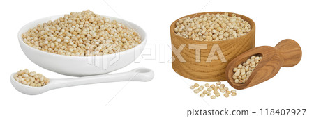 Sorghum seeds in ceramic bowl and spoon isolated on white background with full depth of field. 118407927