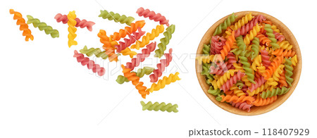 raw Fusilli colored pasta, isolated on white background . Top view with copy space for your text. Flat lay raw Fusilli colored pasta, isolated on white background . Top view with copy space for your text. Flat lay 118407929