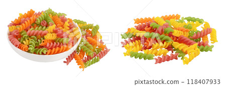 raw Fusilli in ceramic bowl colored pasta, isolated on white background with full depth of field raw Fusilli in ceramic bowl colored pasta, isolated on white background with full depth of field 118407933
