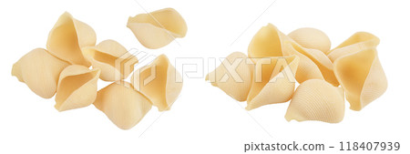 Conchiglioni italian pasta isolated on white background. Top view. Flat lay Conchiglioni italian pasta isolated on white background. Top view. Flat lay 118407939