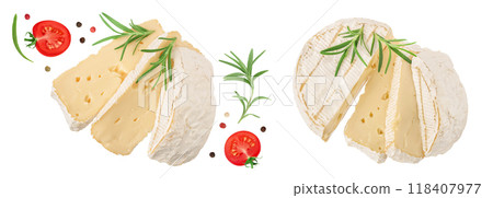 Camembert cheese with rosemary isolated on white background with full depth of field. Top view. Flat lay 118407977