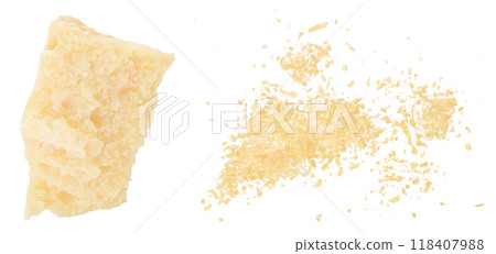 Pieces of parmesan cheese isolated on white background. Top view. Flat lay Pieces of parmesan cheese isolated on white background. Top view. Flat lay 118407988