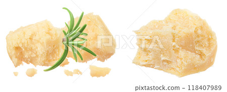 Pieces of parmesan cheese with rosemary isolated on white background Pieces of parmesan cheese with rosemary isolated on white background 118407989