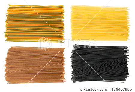 yellow, black and brown spaghetti tricolore pasta isolated on white background. Top view. Flat lay 118407990