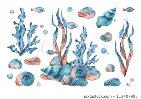 Underwater world clipart with sea animals fishes, shells, coral and algae. Hand drawn watercolor illustration. Set of elements isolated from the background 118407995