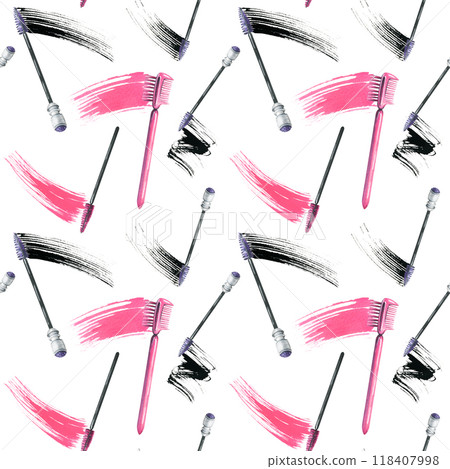 Brushes for combing eyelashes and eyebrows with a smear of black and pink paint, mascara. Watercolor illustration, hand drawn. Seamless pattern on a white background Brushes for combing eyelashes and eyebrows with a smear of black and pink paint, mascara. Watercolor illustration, hand drawn. Seamless pattern on a white background 118407998