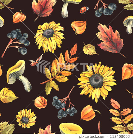 Autumn berries physalis, chokeberry, rowan leaves, maple, birch, russula mushrooms, rudbeckia flowers, tree branches and ladybugs. Watercolor illustrations. Seamless pattern on dark background 118408003