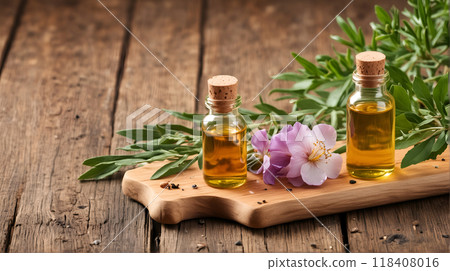 Herbal essential oil on wooden backgrounds 118408016