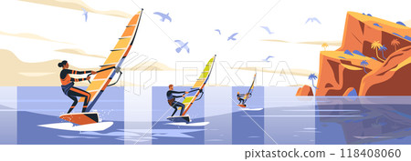 Windsurfers on ocean near cliffs with palm trees and seagulls in sky water sports adventure landscape Windsurfers on ocean near cliffs with palm trees and seagulls in sky water sports adventure landscape 118408060
