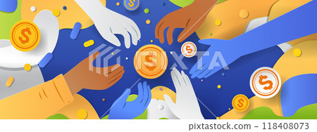 Hands reaching for coins teamwork collaboration colorful abstract background paper cut style Hands reaching for coins teamwork collaboration colorful abstract background paper cut style 118408073