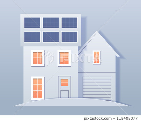 House with solar panels on roof eco-friendly concept in paper cut style modern home with windows garage blue background House with solar panels on roof eco-friendly concept in paper cut style modern home with windows garage blue background 118408077