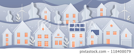 Paper cut style houses renewable energy winter landscape with wind turbines solar panels trees hills snowflakes blue grey tones 118408079