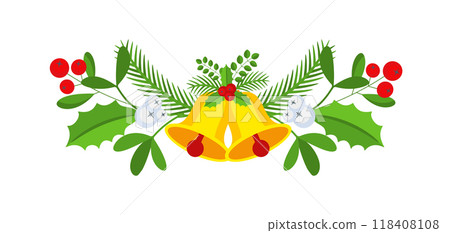 Christmas garland with bells and plant branches, flowers and berries. 118408108