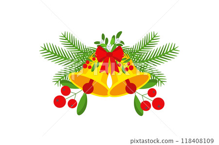 Christmas garland with bells and plant branches, flowers and berries. 118408109