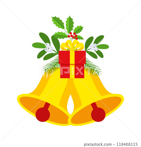 Two Christmas bells with gift box and floral garland. 118408115