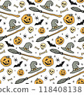 Halloween hand-drawn pattern with star, magic hat, broom, pumpkin, bones, skull. Vector stock illustration. Halloween party decoration. 118408138