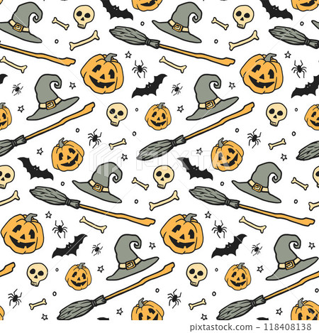 Halloween hand-drawn pattern with star, magic hat, broom, pumpkin, bones, skull. Vector stock illustration. Halloween party decoration. Halloween hand-drawn pattern with star, magic hat, broom, pumpkin, bones, skull. Vector stock illustration. Halloween party decoration. 118408138