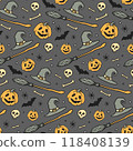 Halloween hand-drawn pattern with star, magic hat, broom, pumpkin, bones, skull. Vector stock illustration. Halloween party decoration. 118408139