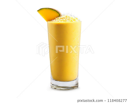 Mango Coconut Smoothie A tropical mango coconut smoothie in a sleek glass topped with mango Mango Coconut Smoothie A tropical mango coconut smoothie in a sleek glass topped with mango 118408277