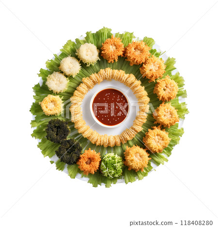 Vegetable tempura mandala a crispy circular design of assorted vegetable tempura with tentsuyu sauce dipping Vegetable tempura mandala a crispy circular design of assorted vegetable tempura with tentsuyu sauce dipping 118408280